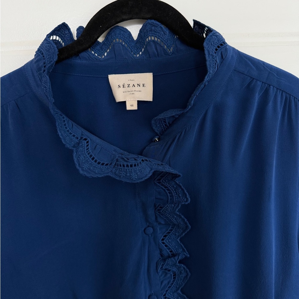 Sézane Chlo Navy Blue Ruffled Women's Top - Picture 2 of 4